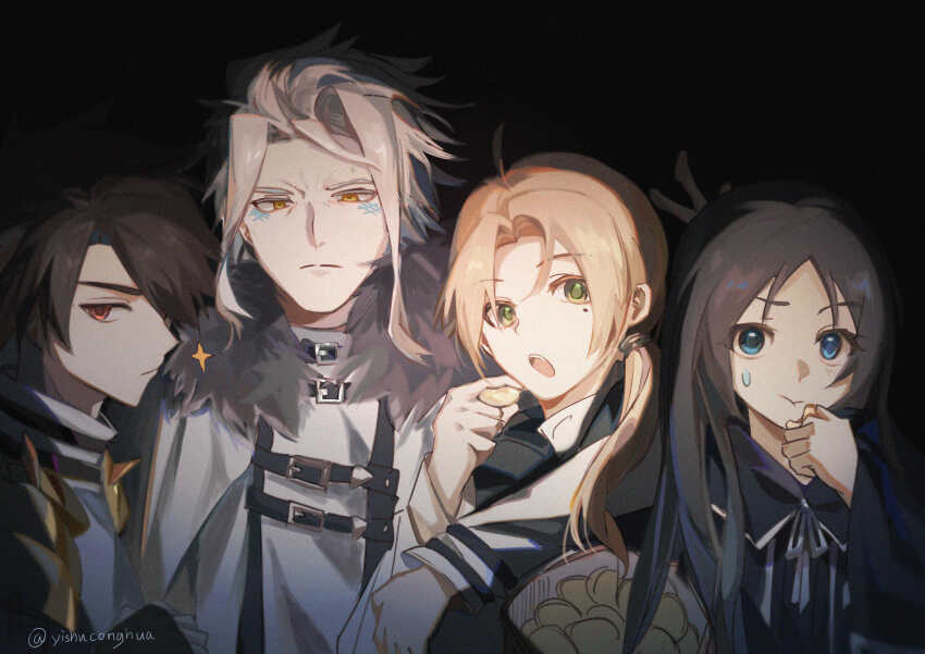 1girl, 3boys, :o, absurdres, aleksander_ryback, armor, black_background, black_hair, black_shirt, blonde_hair, blue_eyes, brown_hair, cape, closed_mouth, collared_shirt, green_eyes, hand_up, highres, long_hair, long_sleeves, looking_at_viewer, medium_hair, multiple_boys, mushoku_tensei, nanahoshi_shizuka, open_mouth, orange_eyes, orsted_(mushoku_tensei), ponytail, red_eyes, rudeus_greyrat, serious, shirt, simple_background, sweat, sweatdrop, tongue, very_long_hair, white_cape, white_hair, white_shirt