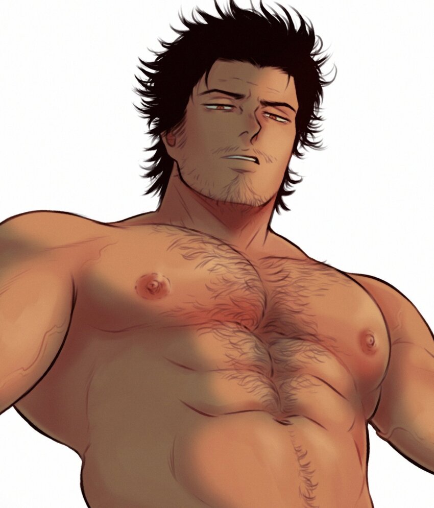 1boy, abs, bara, black_clover, black_hair, chest_hair, facial_hair, g00miato