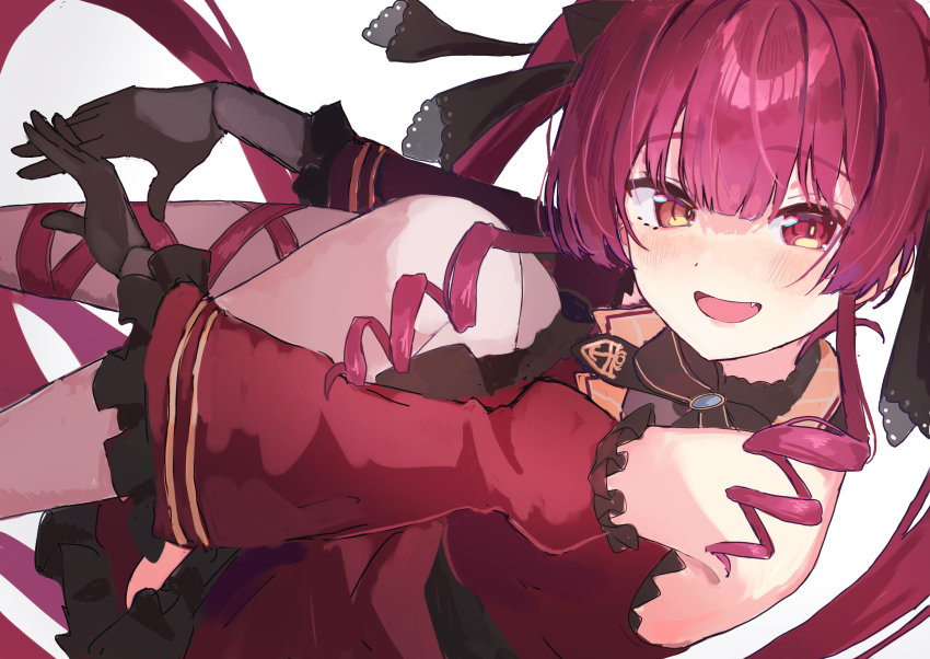 1girl, absurdres, black_gloves, black_ribbon, charlotte11037, dress, fang, frilled_dress