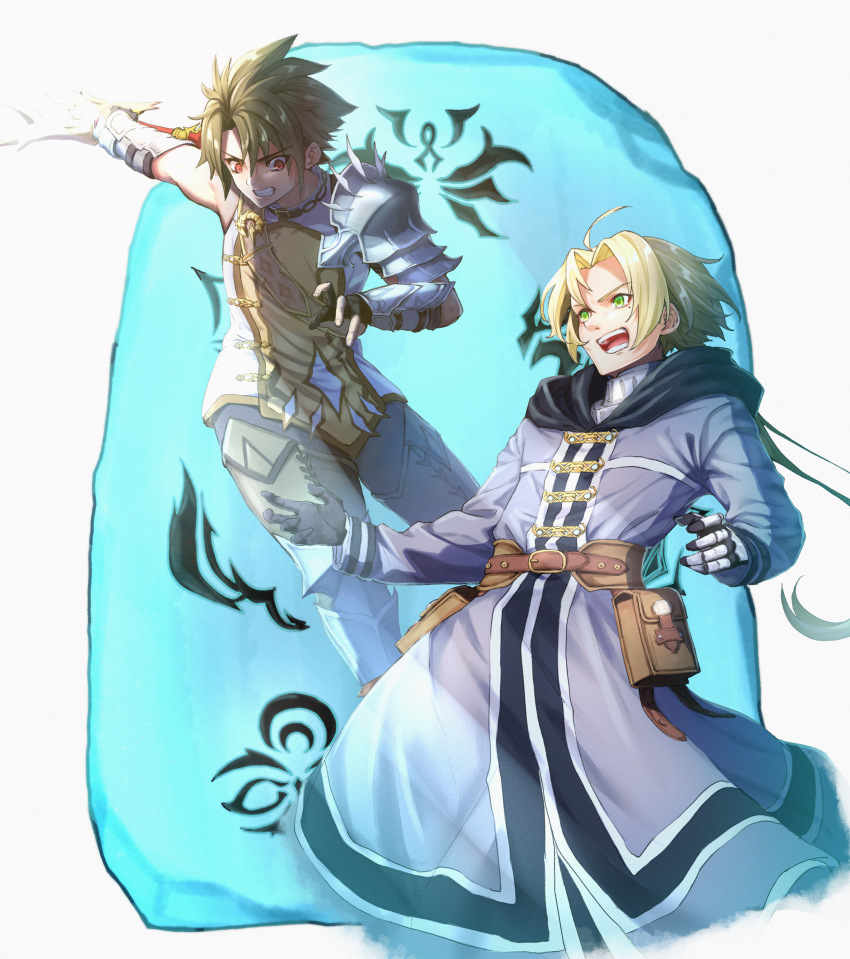 2boys, absurdres, ahoge, aleksander_ryback, angry, arm_up, armor, blonde_hair, brown_hair, collared_shirt, green_eyes, grey_jacket, happy, highres, jacket, jumping, long_hair, long_sleeves, looking_at_another, multiple_boys, mushoku_tensei, open_mouth, pants, red_eyes, rudeus_greyrat, shirt, simple_background, tongue, white_background, white_pants, white_shirt