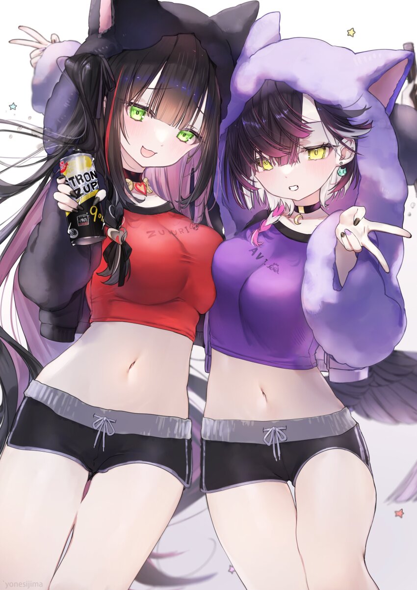 2girls, :d, absurdres, animal_ear_hood, animal_ears, black_hair, black_nails, black_shorts