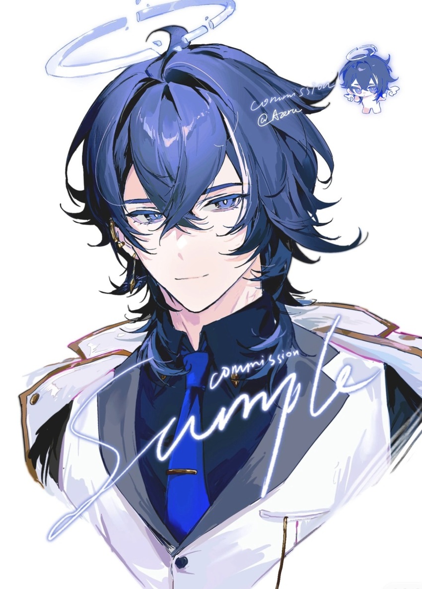 1boy, ahoge, azeru_(vtuber), black_hair, black_shirt, blue_eyes, blue_necktie, broken_halo