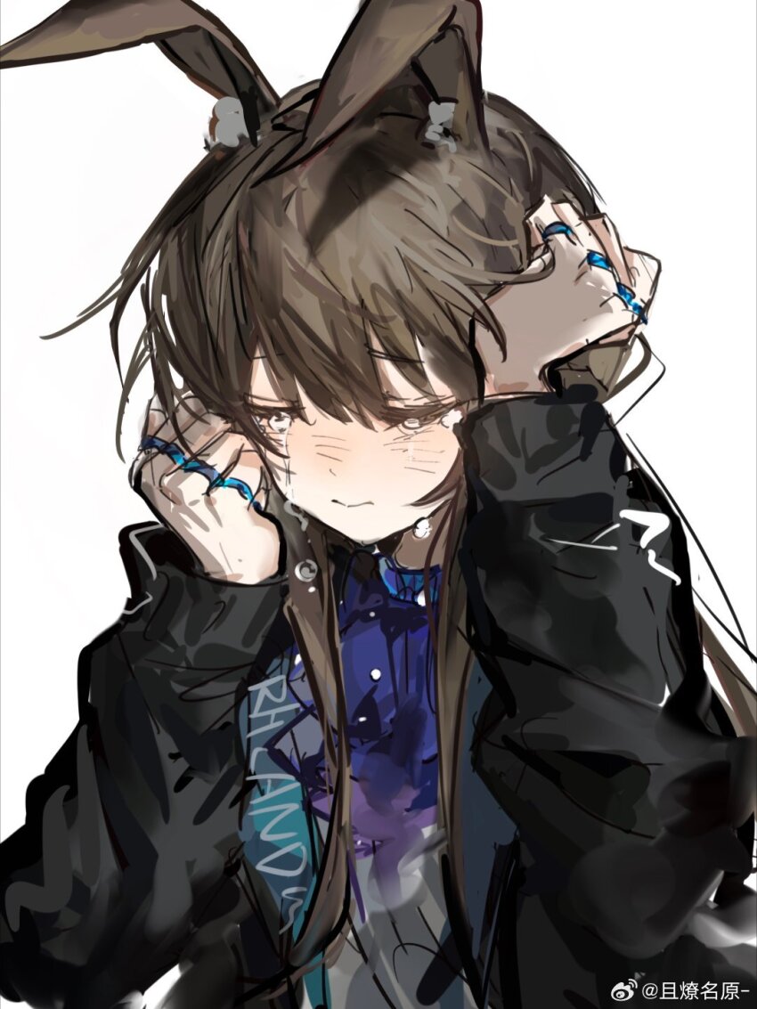 1girl, amiya_(arknights), animal_ear_fluff, animal_ears, arknights, ascot, black_jacket, blue_ascot, brown_hair, clenched_hands, closed_eyes, closed_mouth, commentary, crying, english_commentary, hand_on_own_cheek, hand_on_own_face, hand_on_own_head, highres, infection_monitor_(arknights), jacket, jewelry, multiple_rings, qielmy, rabbit_ears, rabbit_girl, ring, simple_background, sketch, solo, streaming_tears, tears, watermark, weibo_watermark, white_background