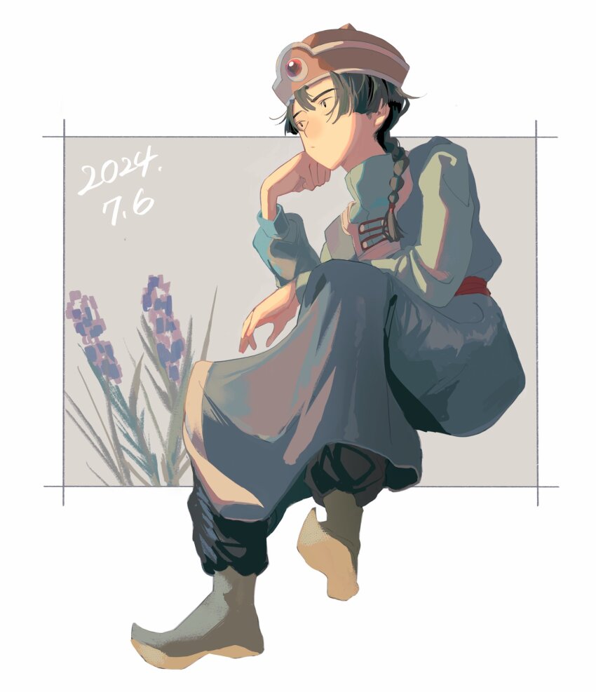 1boy, 2024, black_eyes, black_hair, blunt_ends, border, braid, closed_mouth