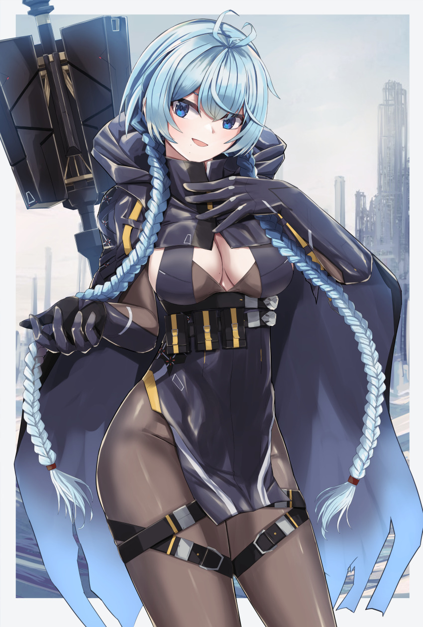 1girl, :d, absurdres, anila_(counter:side), antenna_hair, belt, black_cloak, black_gloves