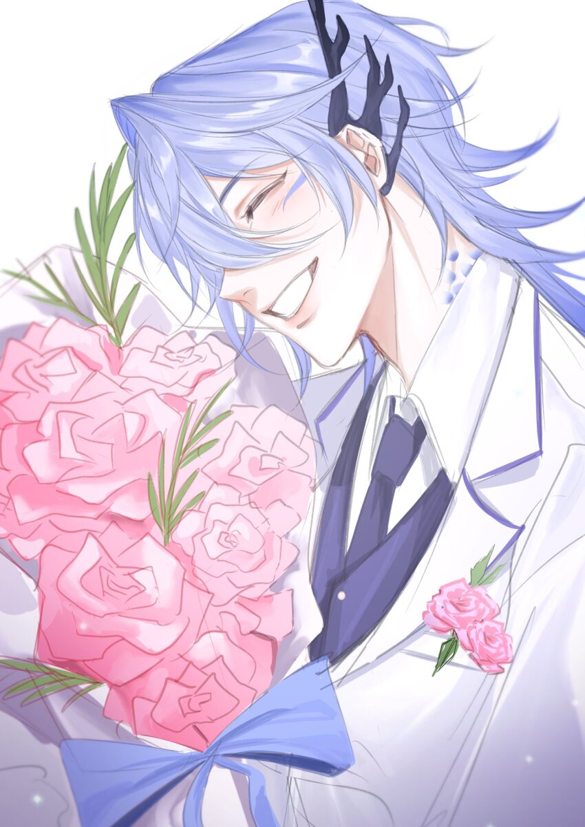 1boy, :d, ^_^, antlers, aruna_shuun, blue_bow, blue_hair, blue_necktie