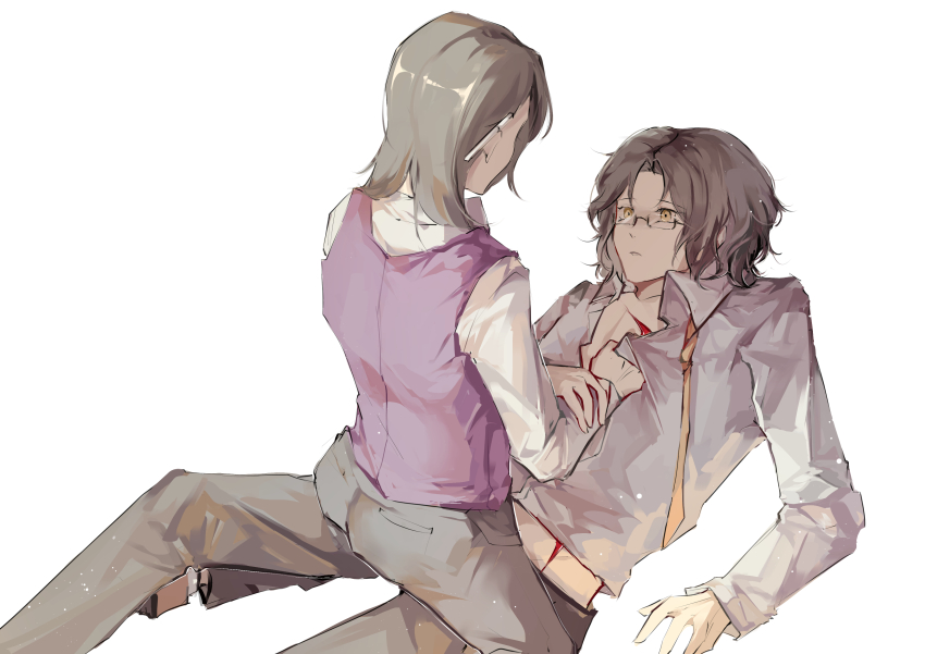 2boys, absurdres, alternate_costume, black-framed_eyewear, black_hair, blood, brown_footwear, chinese_commentary