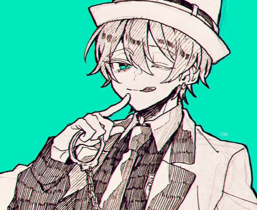 1boy, ;q, aqua_background, aqua_eyes, artist_name, blazer, character_request, closed_mouth