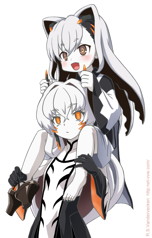 2girls, :d, bandabekken, barefoot, black_nails, blush, brown_eyes, brown_footwear, carrying, carrying_person, colored_skin, commentary_request, crossed_bangs, geta, hair_between_eyes, holding, holding_another's_horns, holding_footwear, holding_shoes, holding_unworn_clothes, horns, kohime_(toji_no_miko), long_hair, multiple_girls, nail_polish, open_mouth, orange_eyes, shoes, shoulder_carry, smile, standing, swept_bangs, tagitsuhime, toji_no_miko, unworn_shoes, white_background, white_hair, white_skin