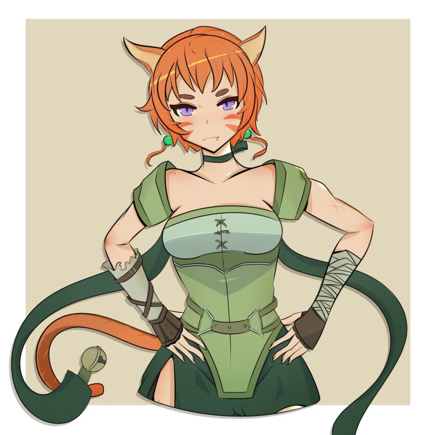 1girl, animal_ears, bell, belt, cat_ears, cat_girl, cat_tail, choker, closed_mouth, facial_mark, fang, fire_emblem, fire_emblem:_path_of_radiance, fire_emblem:_radiant_dawn, green_choker, green_shorts, hands_on_own_hips, highres, laguz_(fire_emblem), lethe_(fire_emblem), looking_at_viewer, meinou, nintendo, o-ring, o-ring_belt, orange_hair, orange_tail, purple_eyes, scar, shorts, side_slit, side_slit_shorts, simple_background, solo, tail, whisker_markings, wrist_wrap