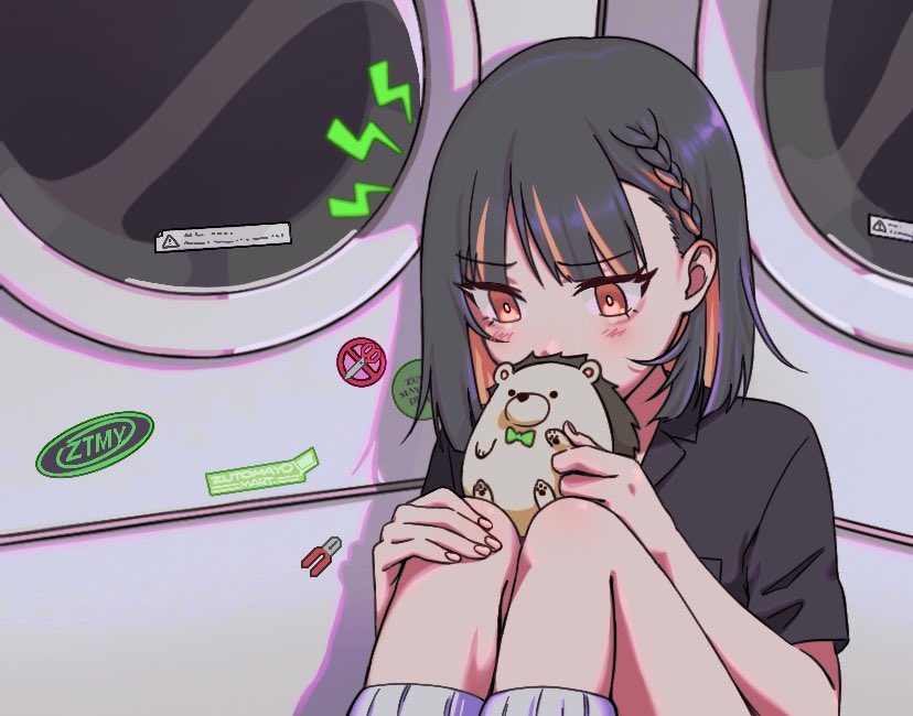 1girl, black_hair, black_shirt, bow, bowtie, colored_inner_hair, commentary, covered_mouth