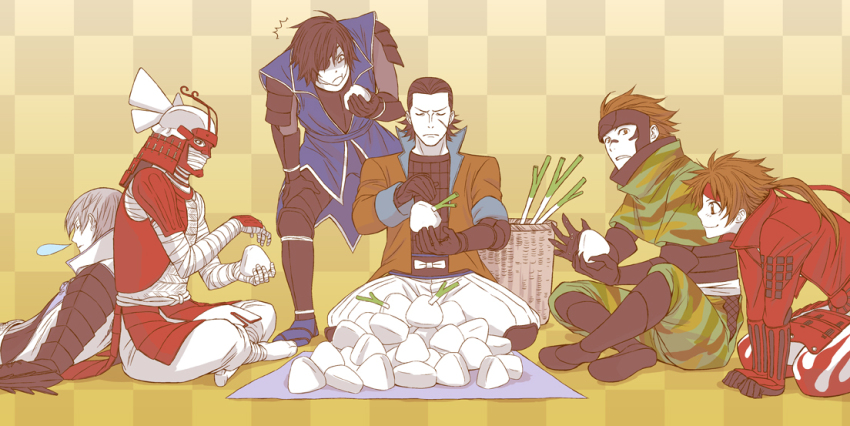 :t, armor, back-to-back, brown_coat, brown_hair, camouflage, checkered_background, coat, date_masamune_(sengoku_basara), eating, eyepatch, flame_print, food, gradient_background, grey_hair, hair_slicked_back, helmet, indian_style, ishida_mitsunari_(sengoku_basara), jacket, japanese_armor, kabuto_(helmet), katakura_kojuurou_(sengoku_basara), long_hair, looking_at_another, looking_at_object, low_ponytail, male_focus, notice_lines, onigiri, ootani_yoshitsugu_(sengoku_basara), ponytail, red_jacket, sabo27ten, sanada_yukimura_(sengoku_basara), sarutobi_sasuke_(sengoku_basara), sengoku_basara, shaded_face, short_hair, sitting, sleeping, spring_onion, yellow_background