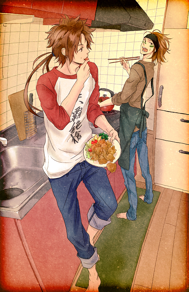 2boys, apron, barefoot, brown_eyes, brown_hair, brown_shirt, chopsticks, denim