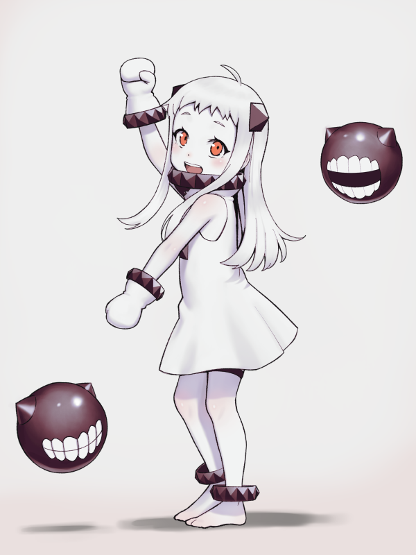 1girl, abyssal_ship, barefoot, blush, colored_skin, commentary_request, dancing, dress