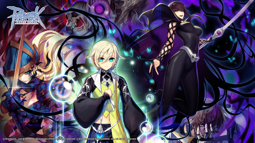 2boys, 2girls, agony_of_royal_knight, amdarais, armor, black_bodysuit, black_eyes, black_fire, black_hair, black_lips, black_shirt, black_shorts, blonde_hair, blue_armor, blue_eyes, bodysuit, braid, breasts, brown_hair, closed_mouth, copyright_notice, cowboy_shot, cross-laced_bodysuit, darkness, expressionless, eye_in_mouth, fire, floating_hair, gauntlets, green_eyes, green_vest, hair_between_eyes, hand_on_own_face, helmet, highres, himmelmez, holding, holding_polearm, holding_weapon, khalitzburg_(ragnarok_online), lance, large_breasts, leona_(pixiv), logo, long_bangs, long_hair, long_sleeves, looking_at_viewer, monster, multiple_boys, multiple_girls, official_art, official_wallpaper, oscar_(ragnarok_online), pauldrons, polearm, puffy_long_sleeves, puffy_sleeves, ragnarok_online, red_eyes, shirt, short_hair, shorts, shoulder_armor, side_braid, single_braid, skull_belt, smile, vest, weapon