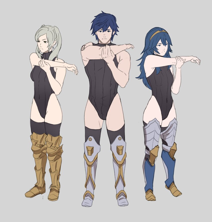 1boy, 2girls, arm_tattoo, bare_arms, blue_eyes, blue_hair, boots, chrom_(fire_emblem)