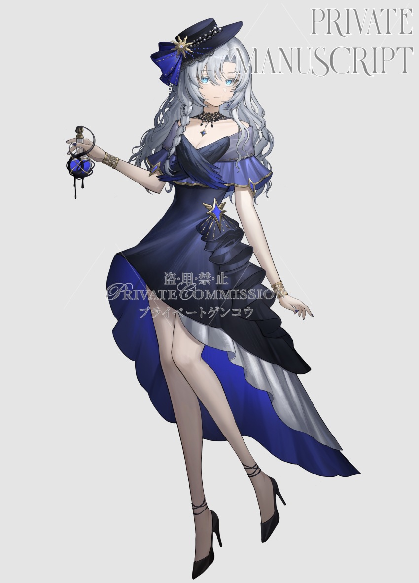 1girl, :|, absurdres, bare_legs, bare_shoulders, black_dress, black_footwear, black_hat