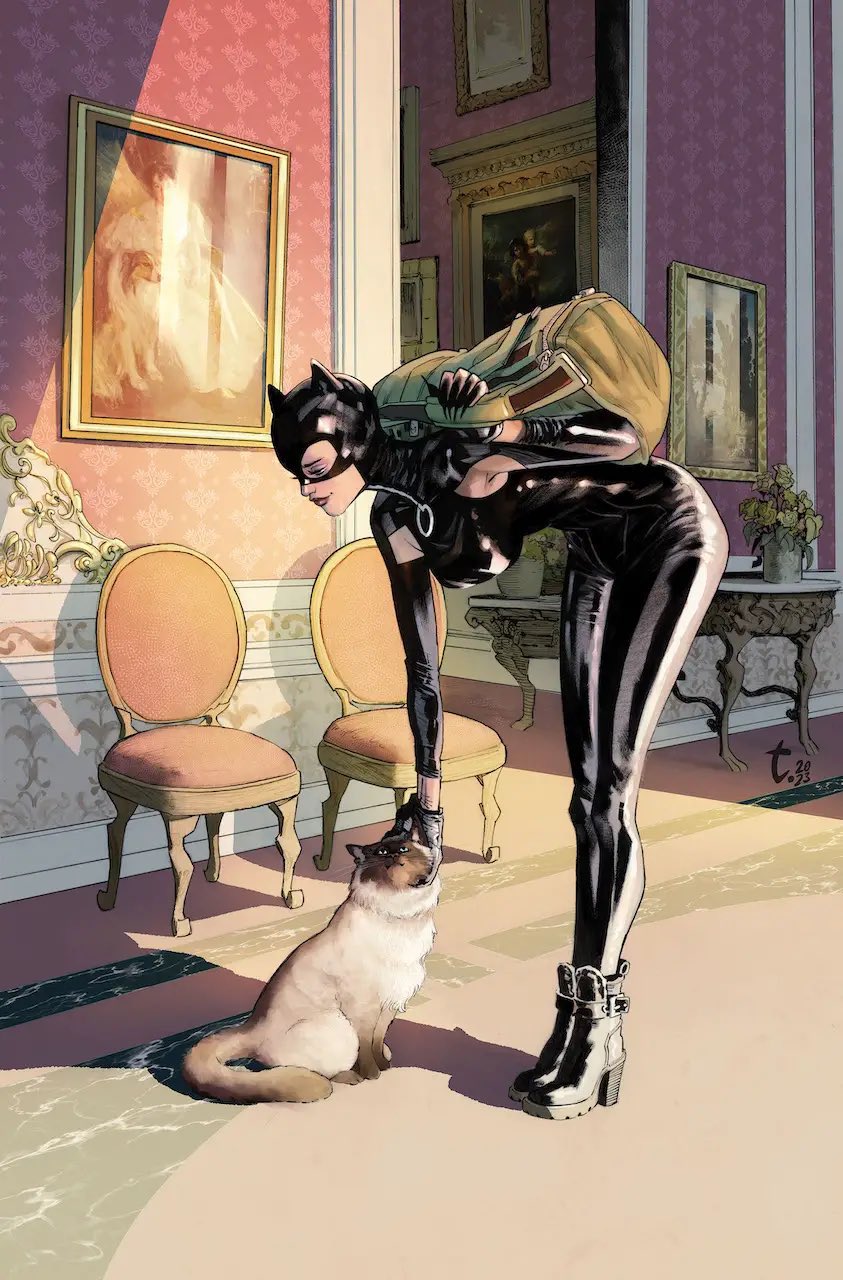 1girl, animal_ears, artist_name, bag, black_bodysuit, black_gloves, black_mask, bodysuit, boots, breasts, cat, cat_ears, catwoman, catwoman_(comic), catwoman_costume_(2018), chair, comic_cover, commentary, dated, dc_comics, english_commentary, fake_animal_ears, fingernails, flower, gloves, high_heel_boots, high_heels, highres, holding, holding_bag, indoors, large_breasts, long_fingernails, official_art, painting_(object), petting, selina_kyle, shrug_(clothing), sleeveless, sleeveless_bodysuit, solo, table, textless_version, tirso_cons, wallpaper_(object)