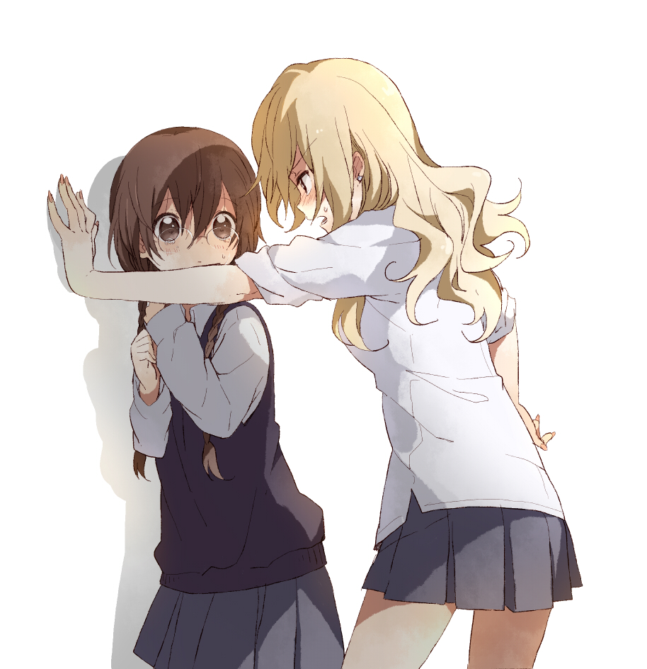 2girls, against_wall, assertive_female, blonde_hair, blue_eyes, blush, braid, brown_eyes, brown_hair, earrings, fingernails, glasses, jewelry, kabedon, long_fingernails, long_hair, multiple_girls, nail_(hardware), nail_polish, namori, open_mouth, original, school_uniform, shy, simple_background, skirt, sleeves_rolled_up, tears, twin_braids, twintails, white_background, yuri