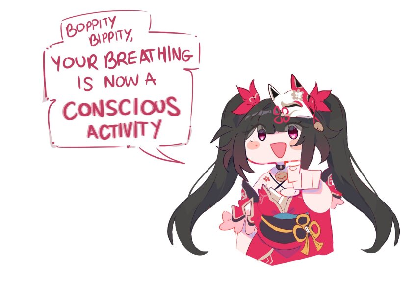 1girl, arm_at_side, arm_up, bell, blunt_bangs, blush_stickers, chibi, chibi_only