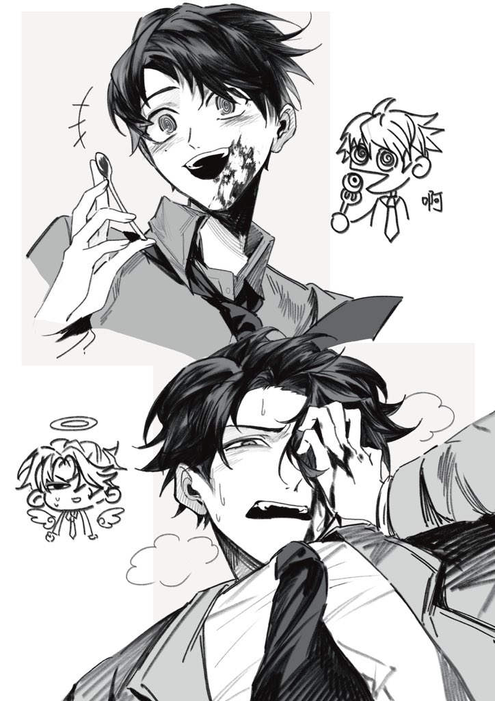 2boys, @_@, angel_wings, blood, blood_on_face, blood_on_hands, chibi, chibi_inset