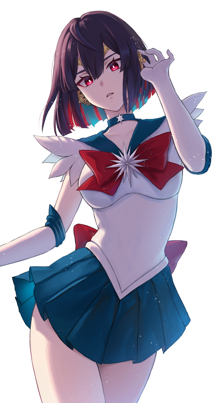 1girl, bishoujo_senshi_sailor_moon, blue_choker, blue_sailor_collar, blue_skirt, bow, breasts, brown_hair