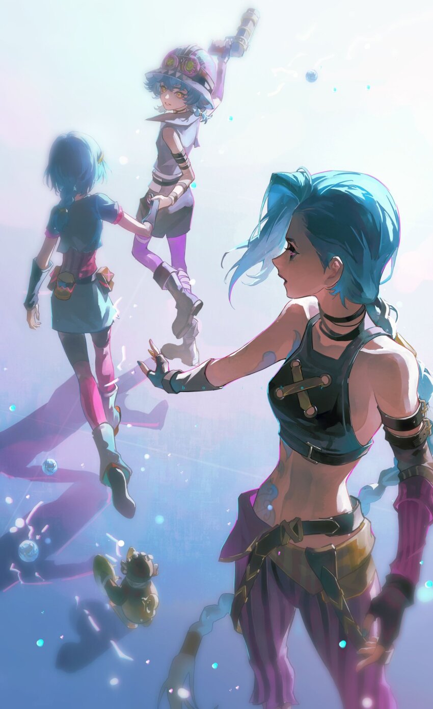2girls, arcane:_league_of_legends, arcane_jinx, arm_tattoo, arm_up, belt, black_belt, black_gloves, blue_hair, blue_nails, bolichar, braid, commentary, cowboy_shot, crop_top, english_commentary, fingerless_gloves, fingernails, gloves, highres, isha_(arcane), jinx_(league_of_legends), league_of_legends, long_hair, looking_at_another, multiple_girls, nail_polish, open_mouth, pants, parted_lips, purple_eyes, purple_pants, shadow, short_hair, standing, stomach_tattoo, striped_clothes, striped_pants, tattoo, twin_braids, yellow_eyes