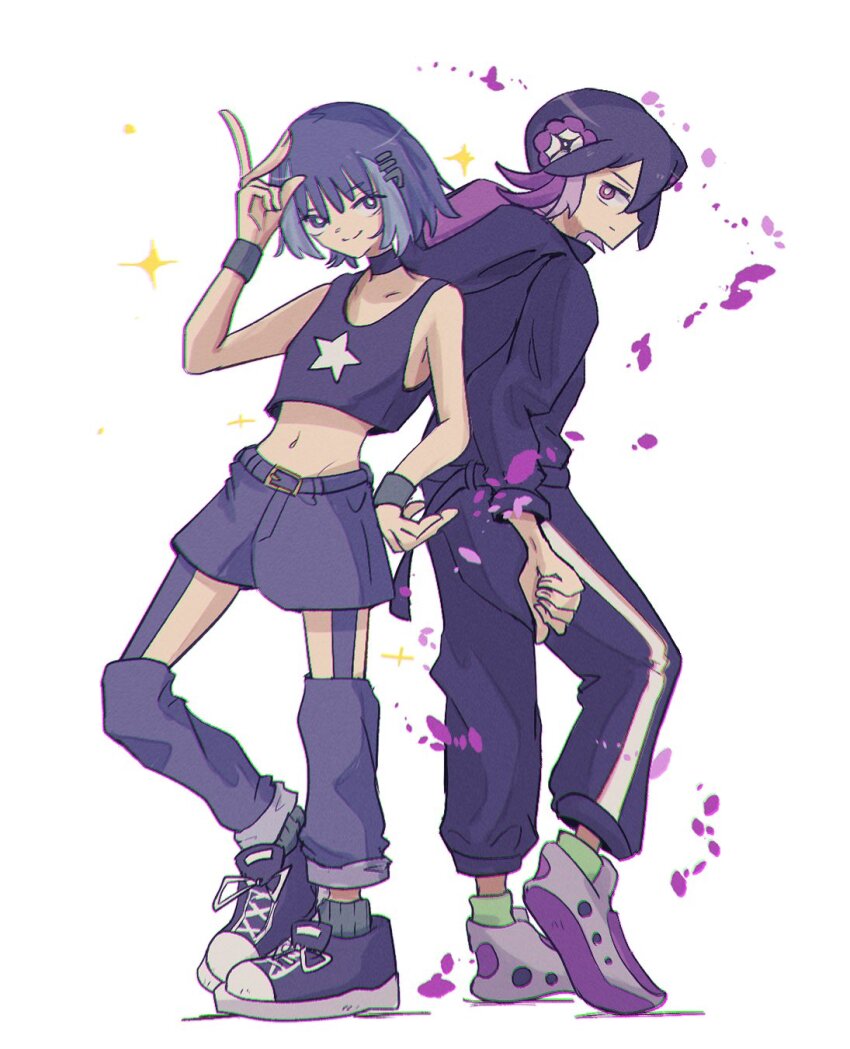 2girls, belt, black_footwear, black_jumpsuit, black_tank_top, blue_eyes, blue_hair, colored_inner_hair, crop_top, flower, green_socks, grey_footwear, hair_flower, hair_ornament, hanaichi_monnme_(zutomayo), hand_on_own_head, highres, hood, hood_down, jumpsuit, kdfwys, kira_killer_(zutomayo), looking_at_viewer, multicolored_hair, multiple_girls, nira-chan, nira-chan_(hanaichi_monnme)_(zutomayo), nira-chan_(kira_killer)_(zutomayo), official_alternate_costume, purple_eyes, purple_hair, smile, socks, tank_top, two-tone_hair, wristband, zutto_mayonaka_de_ii_no_ni