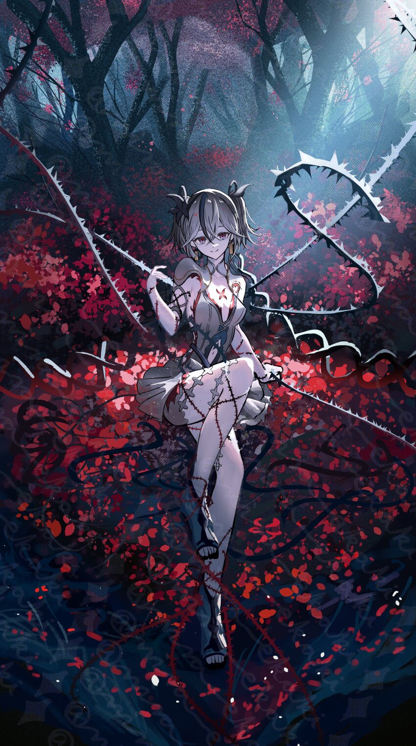 1girl, absurdres, black_flower, camellya_(wuthering_waves), closed_mouth, clothing_cutout, collar, collarbone, commentary, dress, earrings, flower, flower_on_chest, gold_earrings, hair_between_eyes, hair_flower, hair_ornament, hand_up, hashtag-only_commentary, highres, jewelry, knee_up, looking_at_viewer, navel, purple_eyes, red_pupils, short_hair, sideless_dress, sitting, smile, solo, stomach_cutout, tacet_mark_(wuthering_waves), toes, white_collar, white_dress, white_hair, wide_shot, wira, wuthering_waves