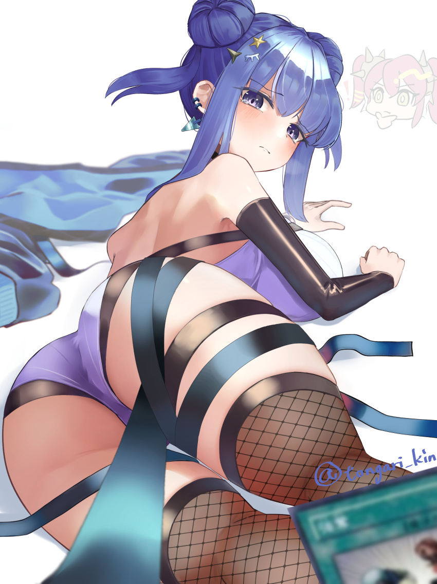 2girls, absurdres, armpit_crease, artist_name, ass, backless_outfit, bike_shorts, blue_coat