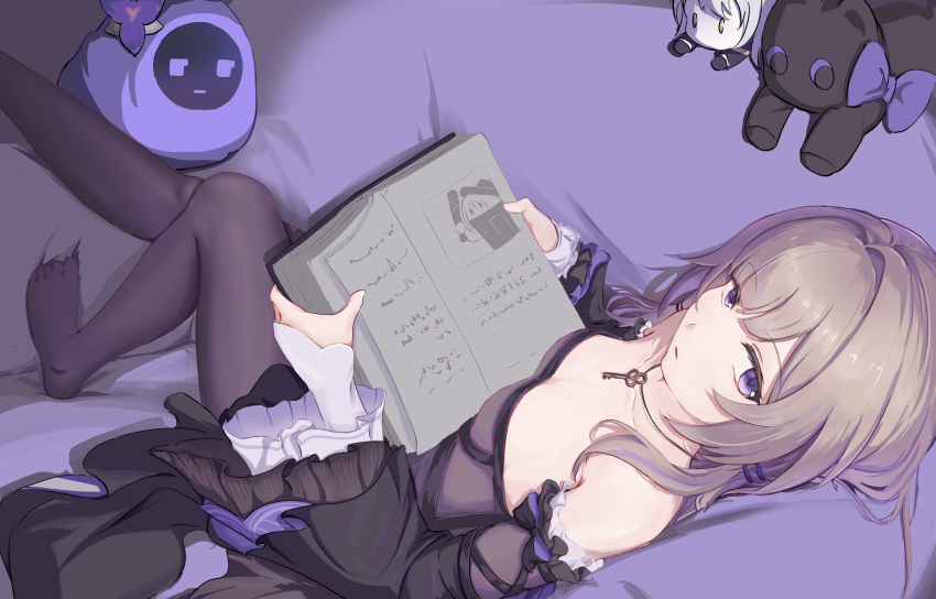 1girl, absurdres, alu_(alu51242421), bare_shoulders, book, breasts, character_doll, chinese_commentary