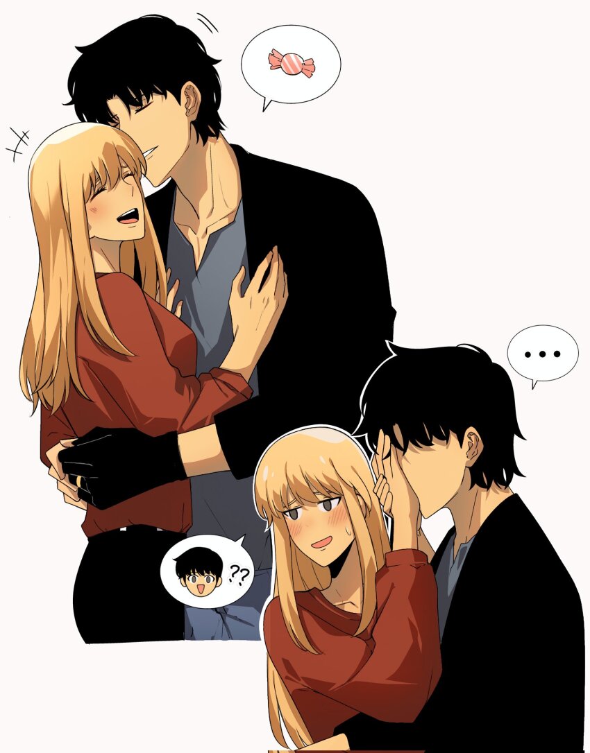 ..., 1boy, 1girl, ?, ??, black_gloves, black_hair, blonde_hair