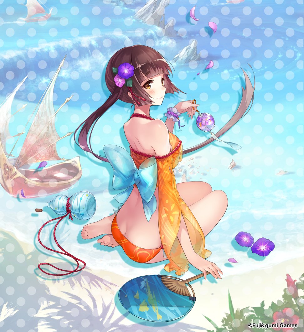 1girl, arm_support, azusa_yumi_(phantom_of_the_kill), bikini, blunt_bangs, brown_eyes, brown_hair, closed_mouth