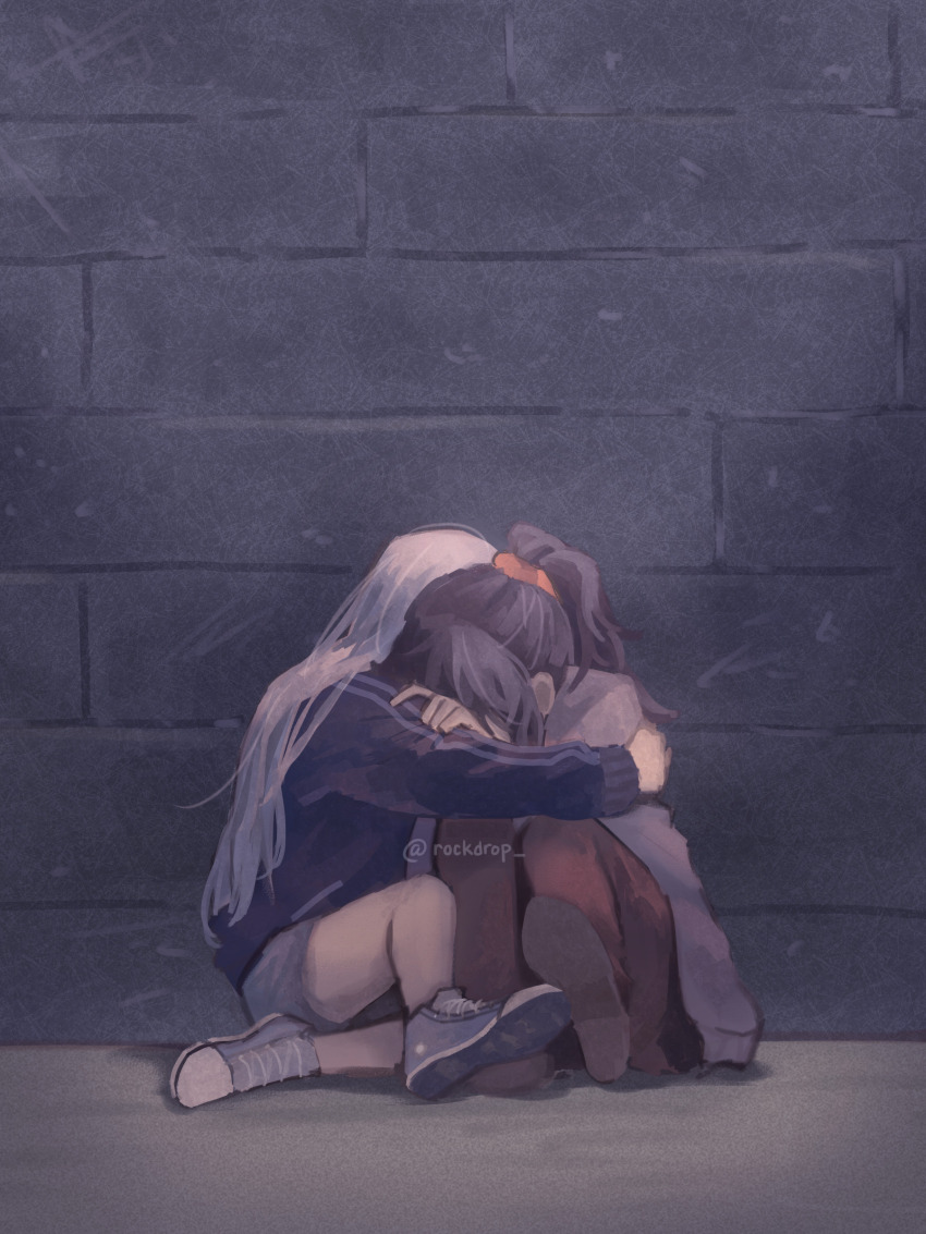 2girls, absurdres, asahina_mafuyu, brick_wall, commentary, english_commentary, grey_hair, highres, hug, jacket, long_hair, long_sleeves, multiple_girls, on_floor, pantyhose, ponytail, project_sekai, purple_hair, rockdrop, shoes, shorts, sitting, sneakers, very_long_hair, yoisaki_kanade, yuri