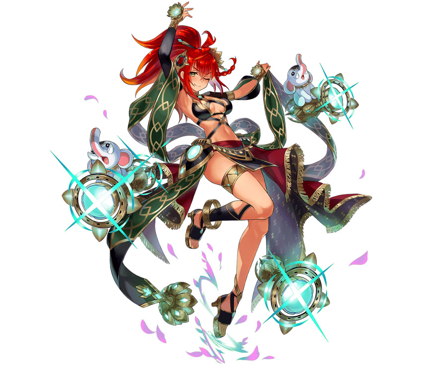 1girl, ;), arms_up, bikini, bikini_top_only, black_bikini, braid, breasts, closed_mouth, dancer, dark-skinned_female, dark_skin, elephant, full_body, green_eyes, harem_outfit, high_heel_sandals, high_heels, highres, lifting_own_clothes, long_hair, looking_at_viewer, midriff, nakatsun_(gumi), official_alternate_costume, official_art, one_eye_closed, petals, phantom_of_the_kill, purple_petals, red_hair, sandals, simple_background, smile, solo, standing, standing_on_one_leg, swimsuit, thigh_strap, third-party_source, transparent_background, vajra_(phantom_of_the_kill)