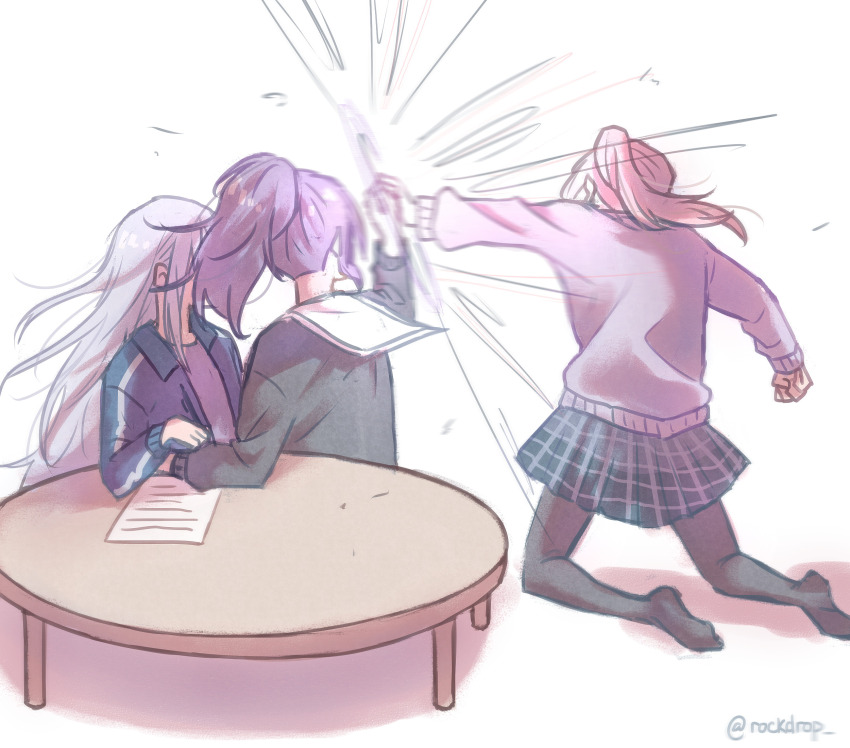 1other, 2girls, akiyama_mizuki, asahina_mafuyu, black_pantyhose, blue_jacket, cardigan, catching