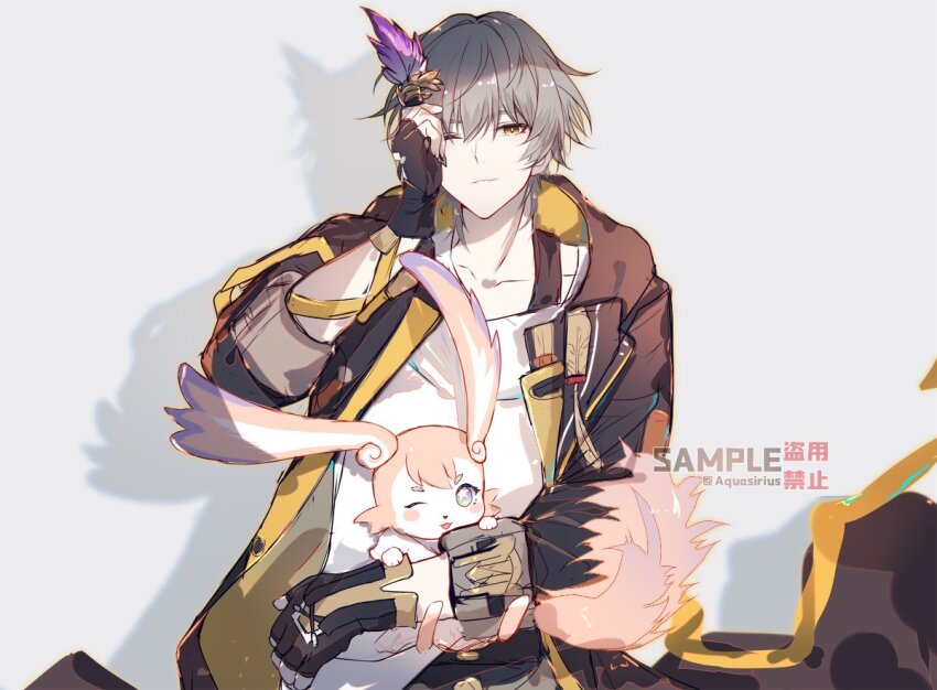 1boy, animal_ears, aqueasirius, arm_ribbon, artist_name, black_coat, black_gloves, blue_eyes