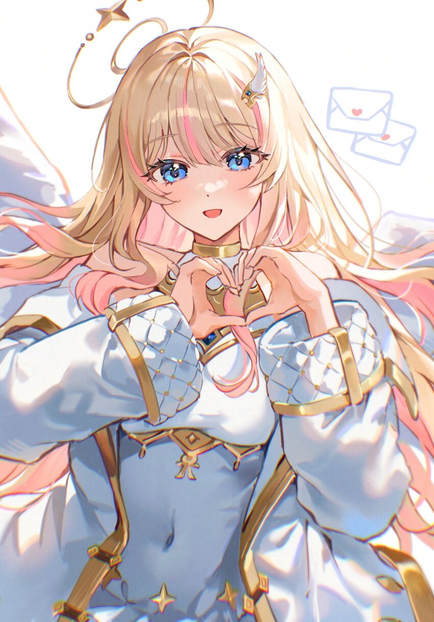 1girl, absurdres, blonde_hair, blue_eyes, commentary, covered_navel, hair_ornament, halo