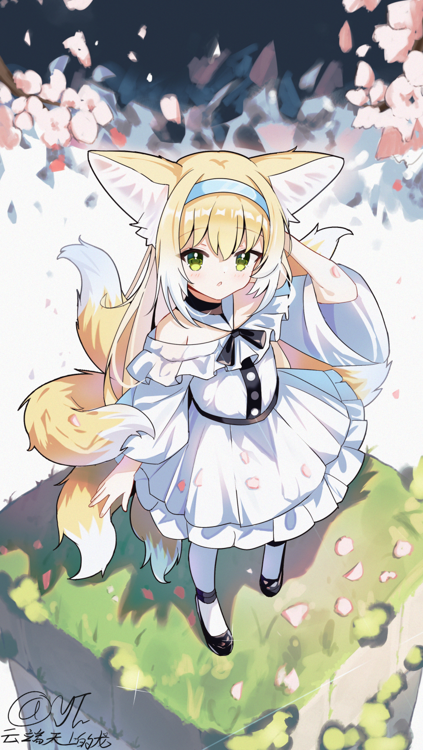 1girl, absurdres, animal_ears, arknights, arm_up, bare_shoulders, black_shoes, blonde_hair