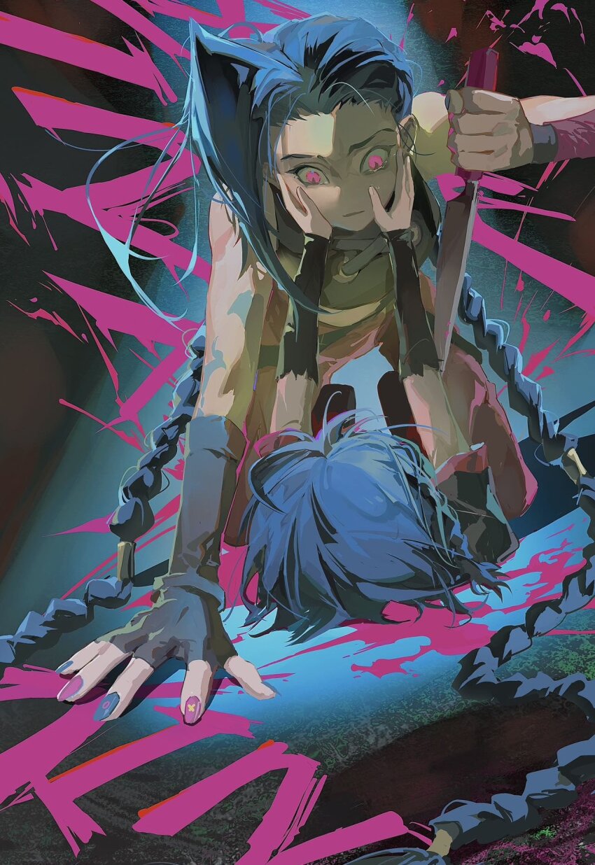 arcane:_league_of_legends, arcane_jinx, arm_tattoo, awkwardtomato, bare_shoulders, blood, blue_hair, braid