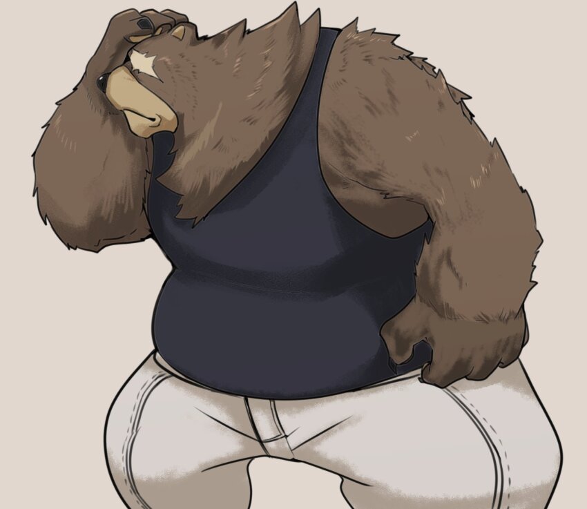 1boy, 96_gatefield, animal_ears, bear_boy, bear_ears, belly, ben_bigger, black_tank_top, brown_background, brown_fur, claws, fat, fat_man, furry, furry_male, hand_on_own_head, highres, jacket, looking_to_the_side, male_focus, pawpads, scar, scar_across_eye, scar_on_face, squatting, tank_top, white_jacket, zenless_zone_zero
