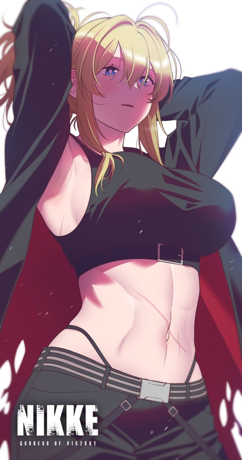 1girl, abs, andrian_januar_adilia, armpits, arms_behind_head, arms_up, black_jacket, black_shorts