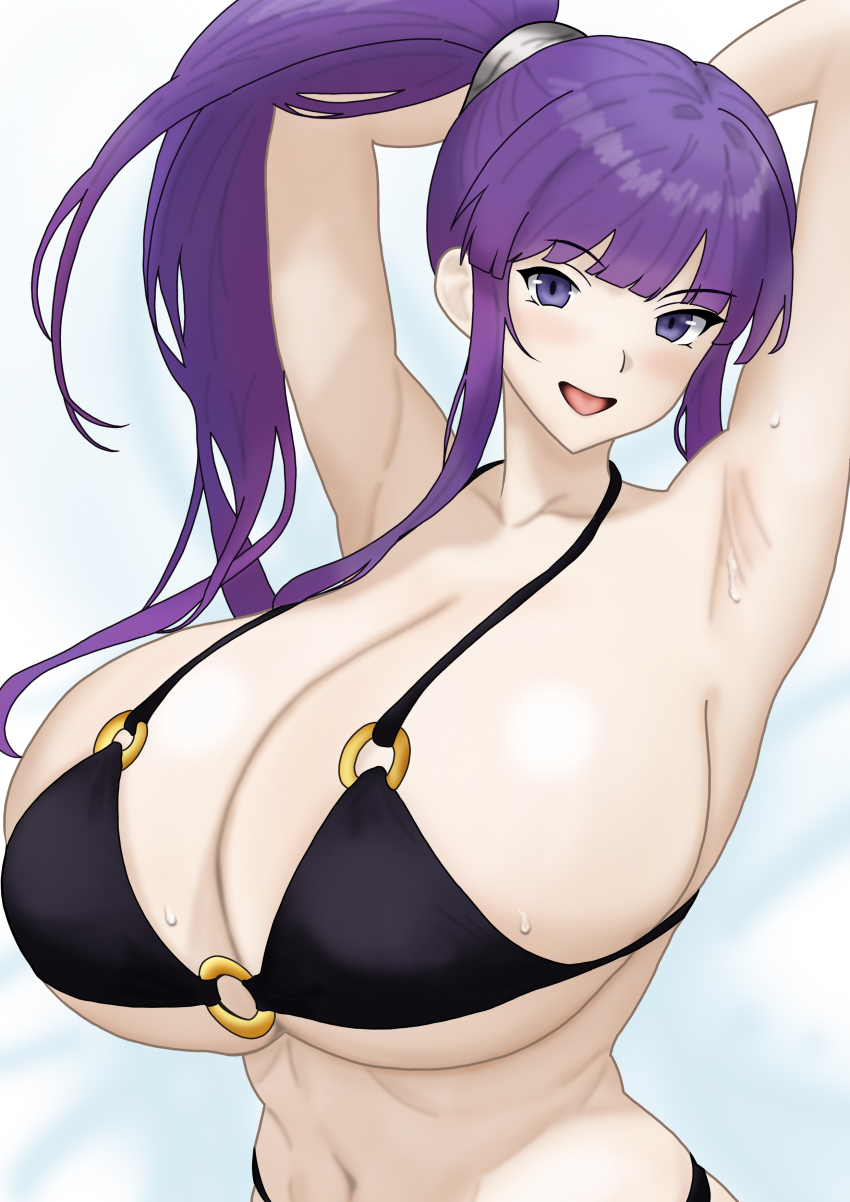 1girl, absurdres, armpits, arms_behind_head, arms_up, bikini, black_bikini, breasts