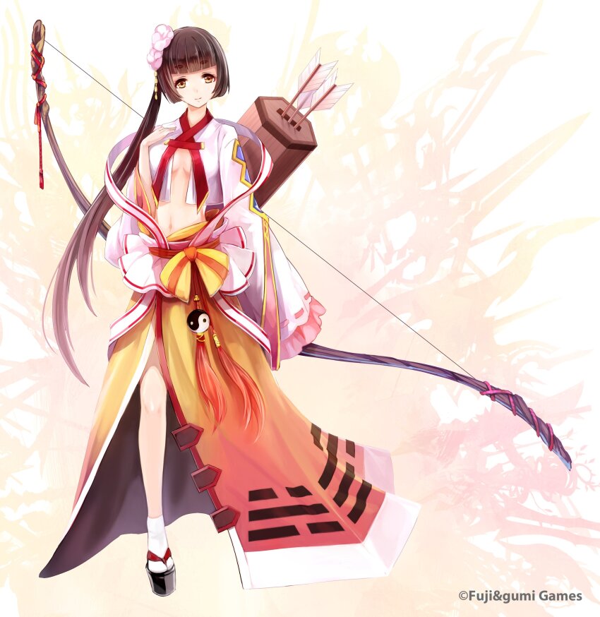 1girl, absurdres, azusa_yumi_(phantom_of_the_kill), blunt_bangs, bow_(weapon), brown_eyes, brown_hair, closed_mouth, commentary_request, copyright_notice, full_body, gradient_background, highres, holding, holding_bow_(weapon), holding_weapon, long_hair, looking_at_viewer, midriff, official_art, phantom_of_the_kill, platform_footwear, quiver, second-party_source, simple_background, smile, socks, solo, standing, tabi, ubai_tsukune, very_long_hair, weapon, weapon_background, white_socks