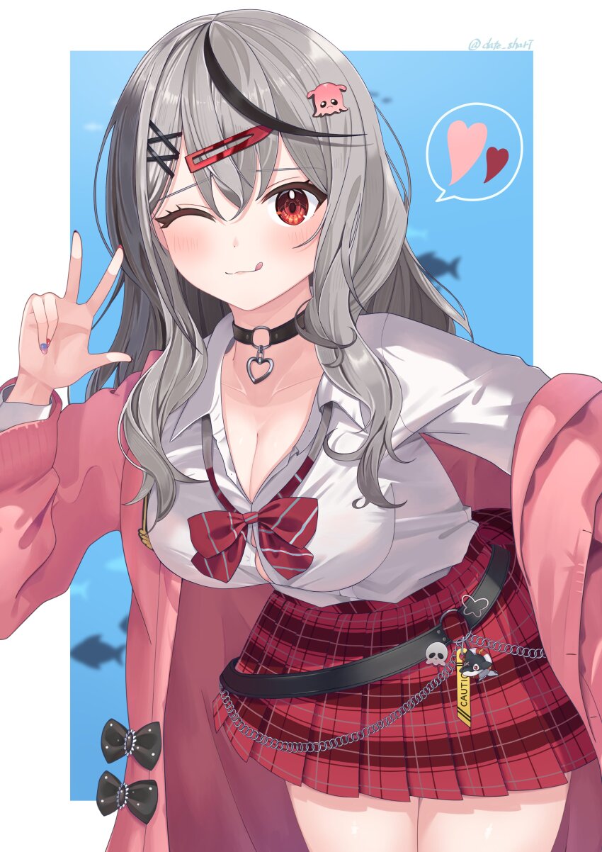 1girl, ;q, absurdres, belt, black_choker, bow, bowtie, breast_ribbon, breasts, button_gap, cardigan, chain, choker, cleavage, collarbone, collared_shirt, cowboy_shot, crossed_bangs, date_shari, fewer_digits, grey_hair, hair_ornament, hair_over_shoulder, hairclip, heart, high-waist_skirt, highres, hololive, jacket, jacket_bow, jacket_ribbon, long_hair, long_sleeves, miniskirt, nail_polish, o-ring, o-ring_belt, o-ring_choker, octopus_hair_ornament, official_alternate_costume, one_eye_closed, open_clothes, open_jacket, pendant_choker, pink_cardigan, plaid_clothes, plaid_skirt, pleated_skirt, red_bow, red_bowtie, red_eyes, red_skirt, sakamata_chloe, sakamata_chloe_(gyarumata), school_uniform, shirt, shirt_tucked_in, simple_background, skirt, solo, tongue, tongue_out, virtual_youtuber, wavy_hair, white_shirt, x_hair_ornament