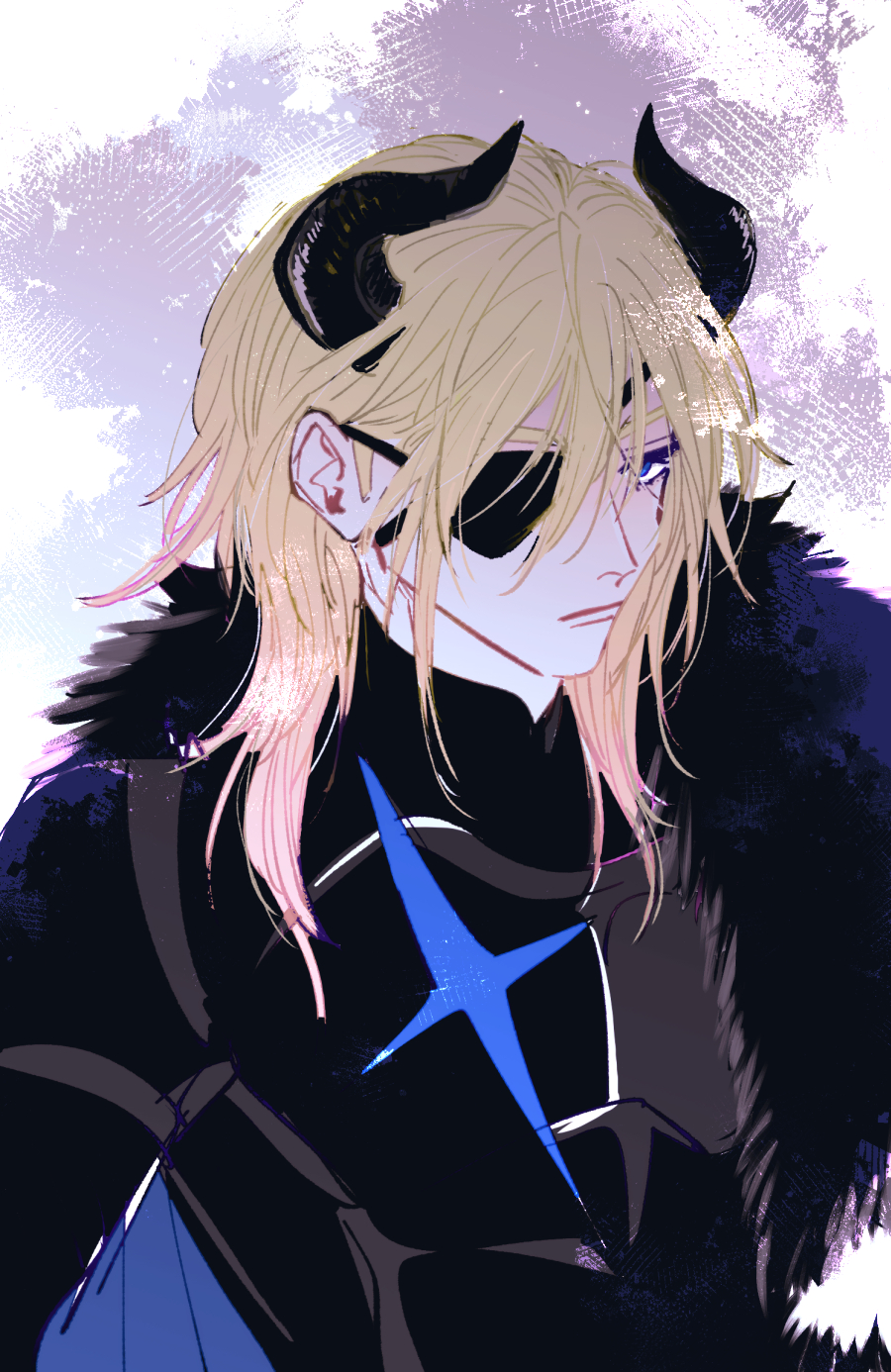 1boy, armor, black_armor, black_fur, black_horns, blonde_hair, blue_cape, blue_eyes