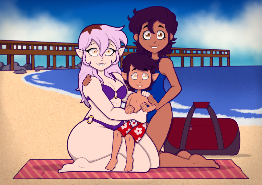 1boy, 2girls, absurdres, alternate_universe, amity_blight, beach, bikini, blue_sky