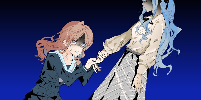 2girls, absurdres, bang_dream!, bang_dream!_it's_mygo!!!!!, black_background, black_ribbon, black_shirt, black_skirt