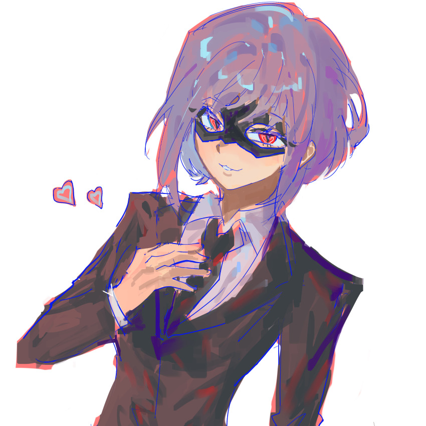 1girl, :3, absurdres, amoris_(bang_dream!), arm_at_side, bang_dream!, bang_dream!_it's_mygo!!!!!, black_jacket, black_necktie, black_suit, collared_shirt, commentary, dutch_angle, emlynmoon, eye_mask, formal_clothes, hand_on_own_chest, hand_up, hashtag-only_commentary, heart, highres, jacket, long_sleeves, looking_at_viewer, mask, masked, necktie, official_alternate_costume, parted_lips, purple_hair, red_eyes, shirt, short_hair, simple_background, sketch, smile, suit, suit_jacket, upper_body, white_background, white_shirt, yuutenji_nyamu