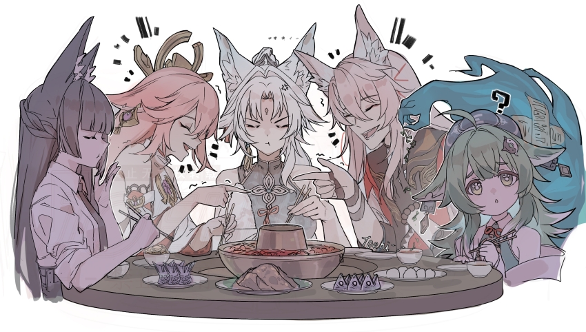 1boy, 4girls, ?, absurdres, ahoge, anger_vein, animal_ear_fluff, animal_ears, annoyed, bare_shoulders, bead_bracelet, beads, black_gloves, black_hair, black_necktie, blue_dress, blue_eyes, blue_hat, blue_shirt, bowl, bracelet, braid, breasts, brooch, chinese_clothes, chopsticks, closed_eyes, closed_mouth, collared_shirt, crossover, cup, detached_sleeves, dress, earrings, eating, feixiao_(honkai:_star_rail), fish_(food), food, forehead_jewel, fox_ears, fox_girl, gem, genshin_impact, gloves, gold_earrings, green_hair, hand_up, hat, headpiece, highres, holding, holding_chopsticks, honkai:_star_rail, honkai_(series), hoshimi_miyabi, huohuo_(honkai:_star_rail), japanese_clothes, jewelry, jiaoqiu_(honkai:_star_rail), joehi, large_breasts, laughing, long_hair, long_sleeves, looking_at_another, looking_up, mandarin_collar, meme, mihoyo, mochi, multiple_girls, neck_ribbon, necktie, nontraditional_miko, notice_lines, ofuda, open_clothes, open_mouth, parted_bangs, paw-shaped_pupils, pink_hair, plate, pointing, pointing_at_another, ponytail, purple_gem, red_ribbon, red_shrug, ribbon, rice, rice_bowl, shirt, short_sleeves, shrug_(clothing), sidelocks, simple_background, single_earring, single_glove, sitting, sleeveless, sleeveless_dress, sleeveless_shirt, smile, soup, symbol-shaped_pupils, table, tail_(honkai:_star_rail), talking, tassel, tassel_earrings, teeth, trembling, v-shaped_eyebrows, white_background, white_hair, white_shirt, wide_sleeves, wing_collar, yae_miko, zenless_zone_zero, zhuang_hat